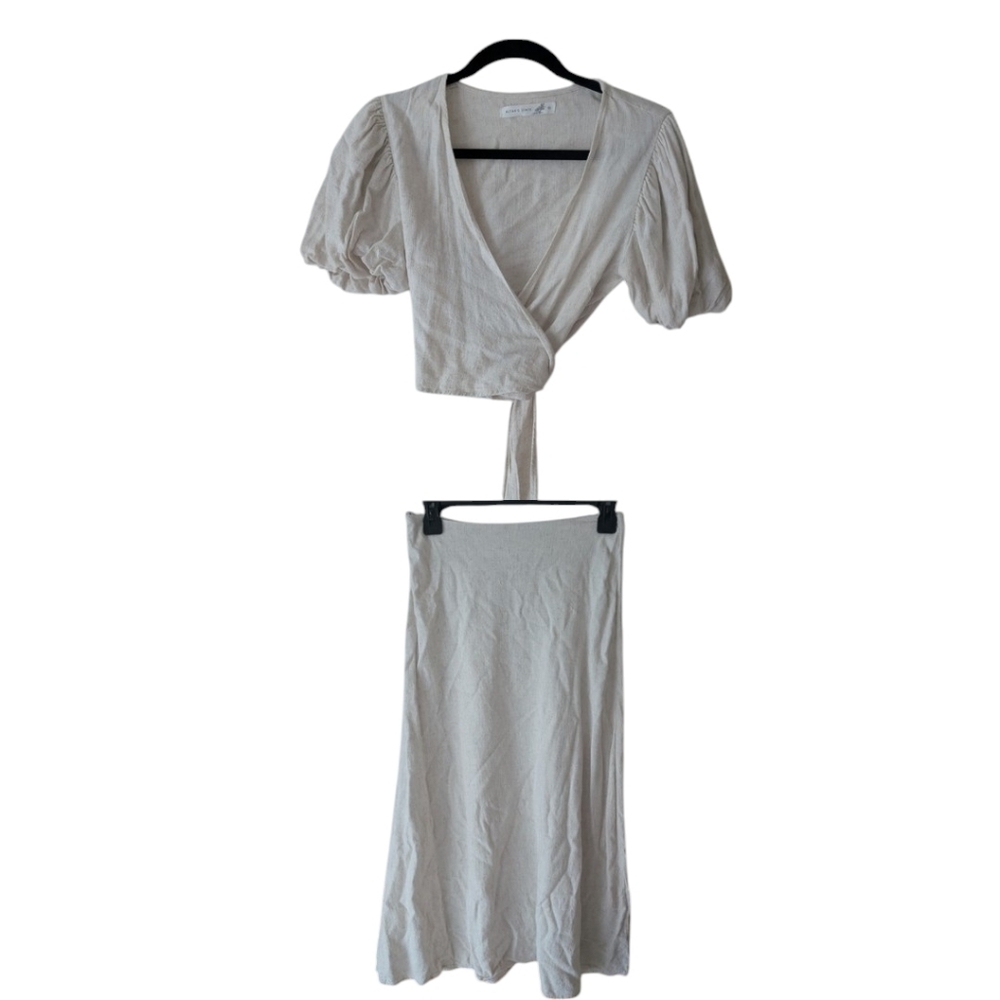 Altar'd State Two Piece Linen Blend Puff Sleeve Coastal Skirt Set Size XS